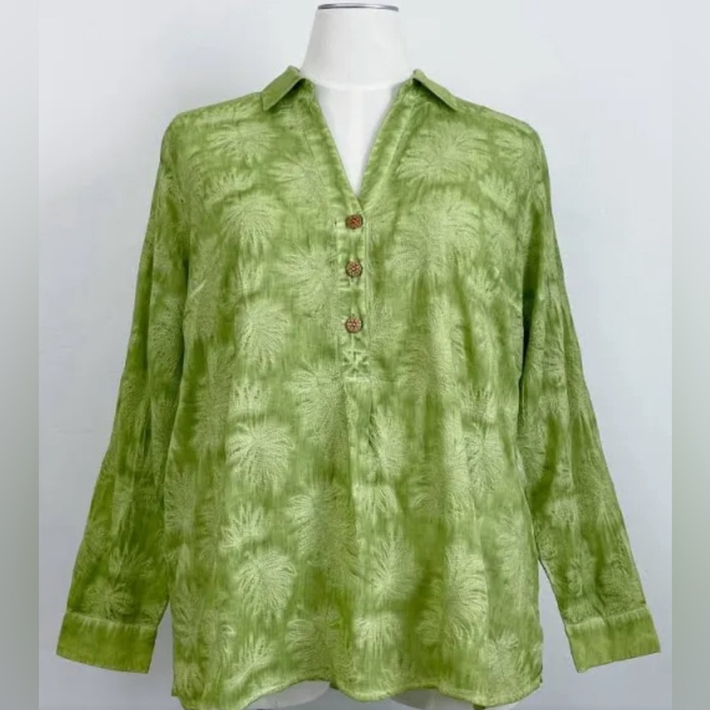 Soft Surroundings Embroidered Green Blouse